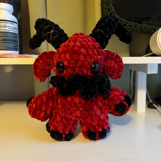 Giant Gruhm the Baphotroll Crochet Plush in Red and Black– Gothic Fantasy Creature – Handmade Crochet Monster