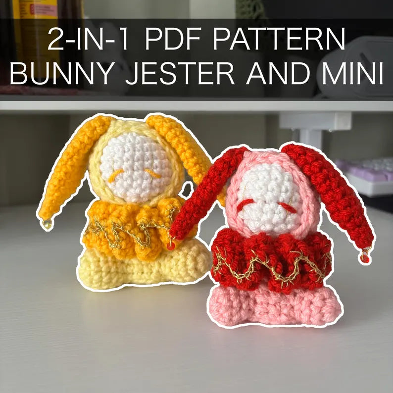 2 in 1 Crochet Pattern – Mini and Standard Size Whimsical Bunny Jester/Clown Plushie – PDF Amigurumi Tutorial