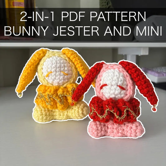 2 in 1 Crochet Pattern – Mini and Standard Size Whimsical Bunny Jester/Clown Plushie – PDF Amigurumi Tutorial