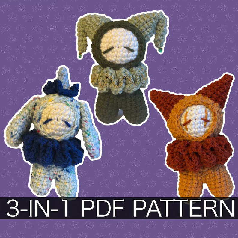 3-in-1 Crochet Patterns – Whimsical Jester/Clown Plushies – PDF Amigurumi Tutorial
