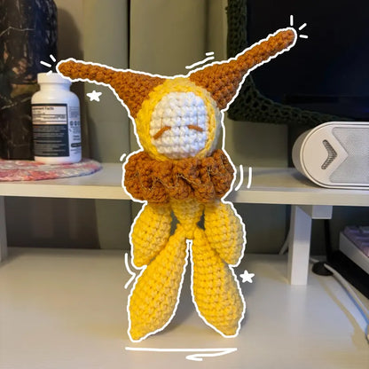 Handmade Crochet Ragdoll Jester Plushie – Whimsical Amigurumi Clown Doll in Yellow and Orange