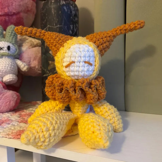 Handmade Crochet Ragdoll Jester Plushie – Whimsical Amigurumi Clown Doll in Yellow and Orange