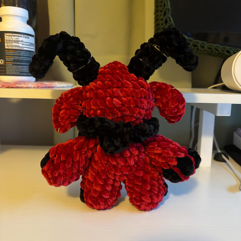Giant Gruhm the Baphotroll Crochet Plush in Red and Black– Gothic Fantasy Creature – Handmade Crochet Monster