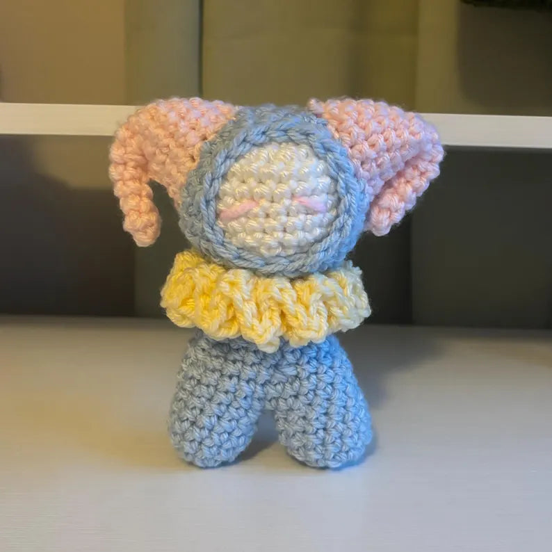 Handmade Crochet Jester Plushie – Whimsical Amigurumi Clown Doll in Pastel