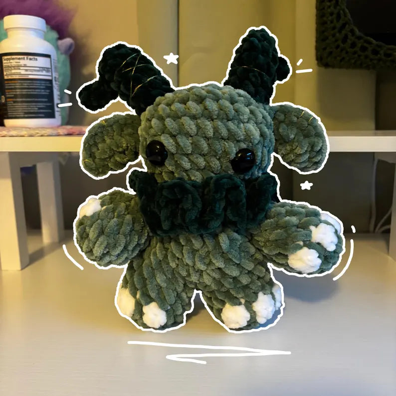 Giant Gruhm the Baphotroll Crochet Plush in Green – Gothic Fantasy Creature – Handmade Crochet Monster