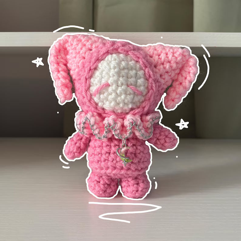 Handmade Crochet Stumpy Jester Plushie – Whimsical Amigurumi Clown Doll in Pink Moon