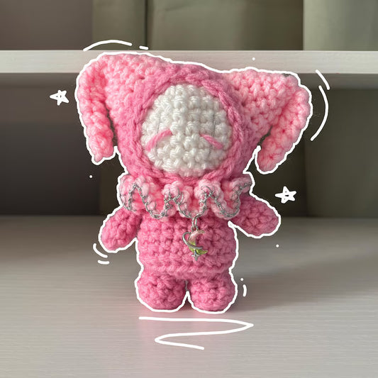 Handmade Crochet Stumpy Jester Plushie – Whimsical Amigurumi Clown Doll in Pink Moon