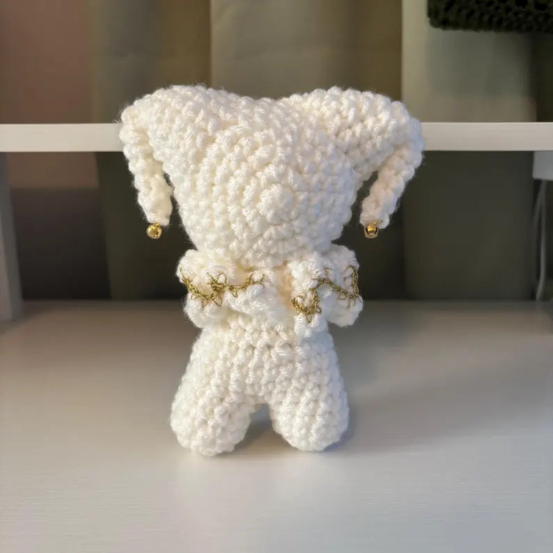 Handmade Crochet Jester Plushie – Whimsical Amigurumi Clown Doll in White