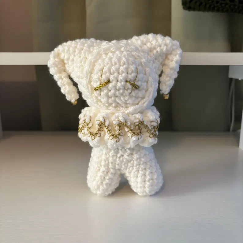 Handmade Crochet Jester Plushie – Whimsical Amigurumi Clown Doll in White