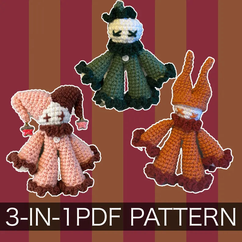 3-in-1 Crochet Patterns – Clover & Crispy the Clown and Jules the Jester Plushie – PDF Amigurumi Tutorial