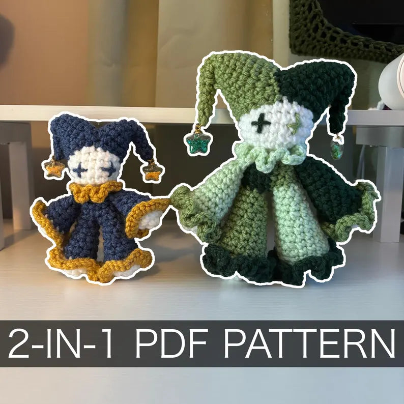 2-in-1 Crochet Pattern – Whimsical Jules the Jester Plushie in Standard and Mini – PDF Amigurumi Tutorial