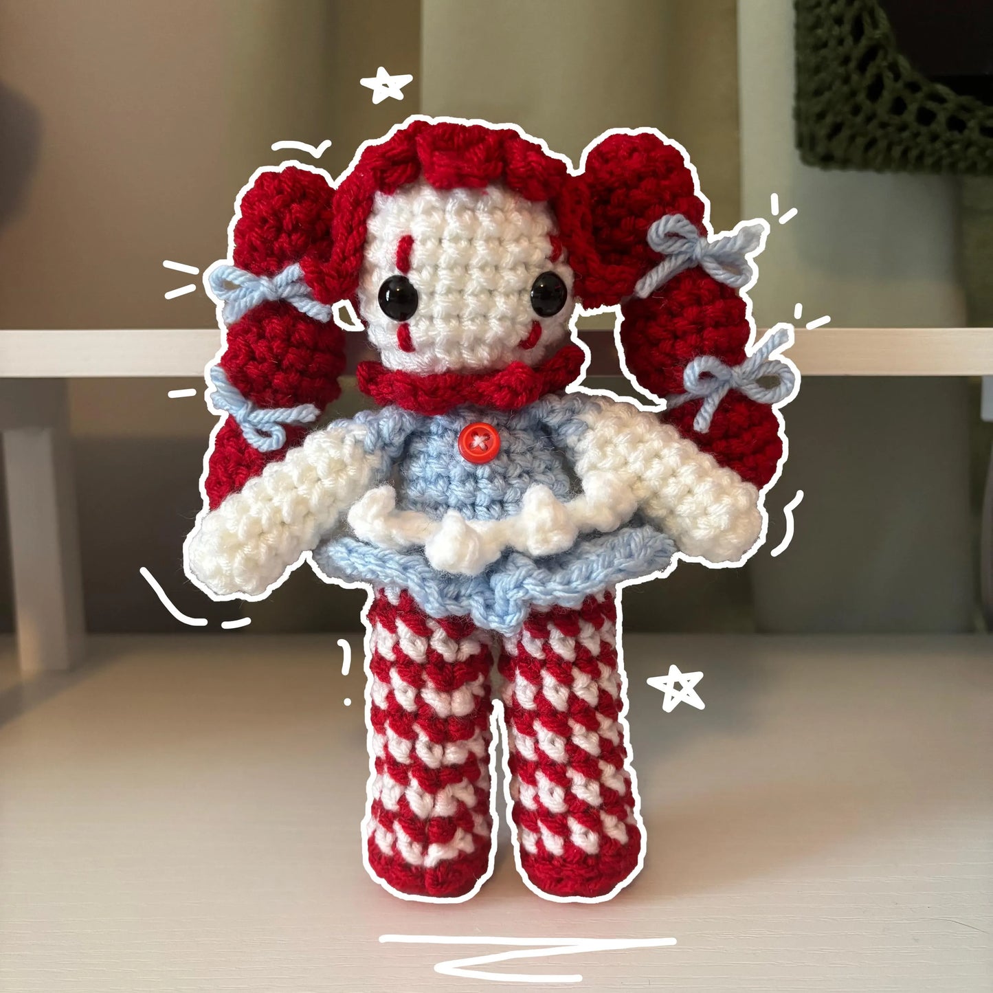 Handmade Crochet Clown Girl Plushie – Whimsical Amigurumi Clown Doll inspired by Wendy’s