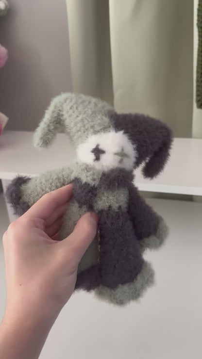 Handmade Crochet Fluffy Jester Plushie – Whimsical Amigurumi Jules the Jester in Black and Green