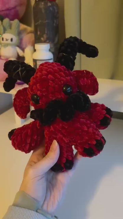 Giant Gruhm the Baphotroll Crochet Plush in Red and Black– Gothic Fantasy Creature – Handmade Crochet Monster