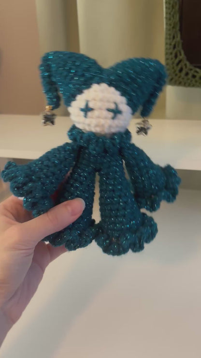 Handmade Crochet Jester Plushie – Whimsical Amigurumi Jules the Jester in Starry Night