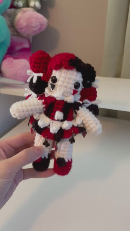 Handmade Crochet Clown Girl Plushie – Whimsical Amigurumi Clown Doll in Black and Red