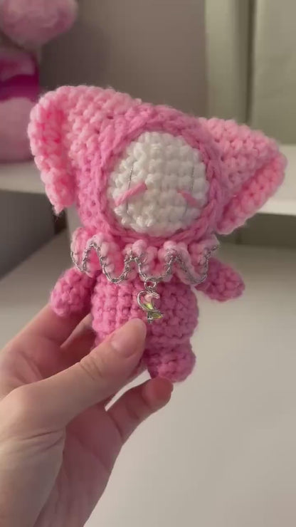 Handmade Crochet Stumpy Jester Plushie – Whimsical Amigurumi Clown Doll in Pink Moon