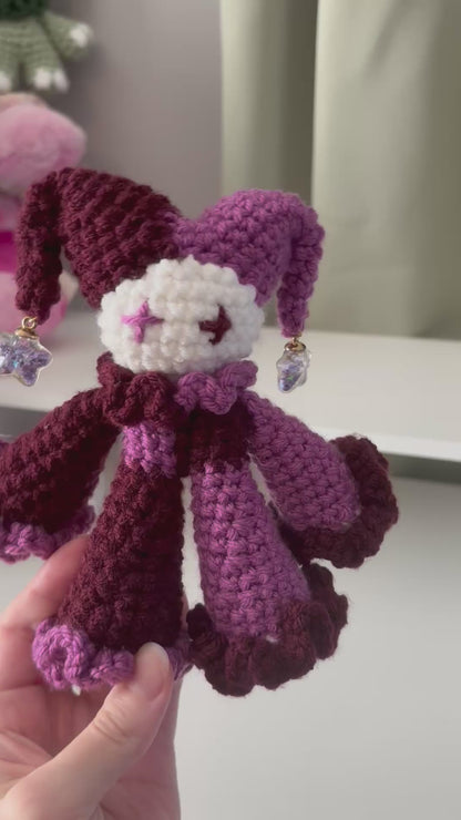 Handmade Crochet Jester Plushie – Whimsical Amigurumi Jules the Jester in Magenta