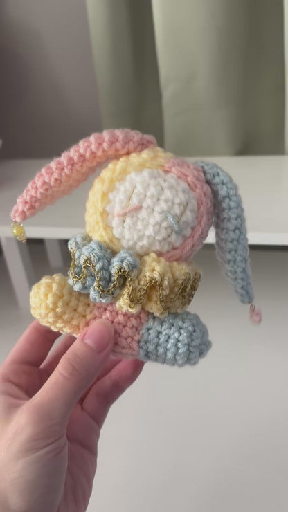 Handmade Crochet Jester Bunny Plushie – Amigurumi Clown Doll in Pastel