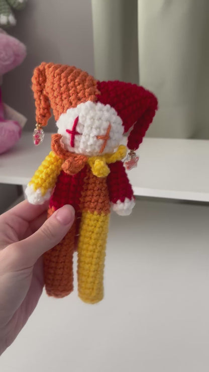 Handmade Crochet Tall Jester Plushie – Amigurumi Clown Doll in White and Red, Orange, and Yellow