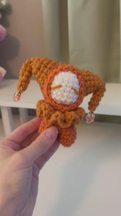 Handmade Mini Crochet Jester Plushie – Whimsical Amigurumi Clown Doll in Orange