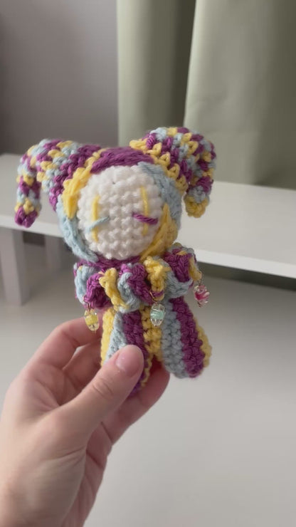 Handmade Crochet Jester Plushie – Whimsical Amigurumi Clown Doll in Yellow, Magenta, and Blue