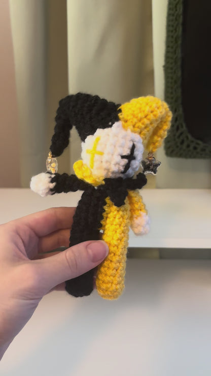 Handmade Crochet Mini Jester Plushie – Amigurumi Clown Doll in Black and Yellow