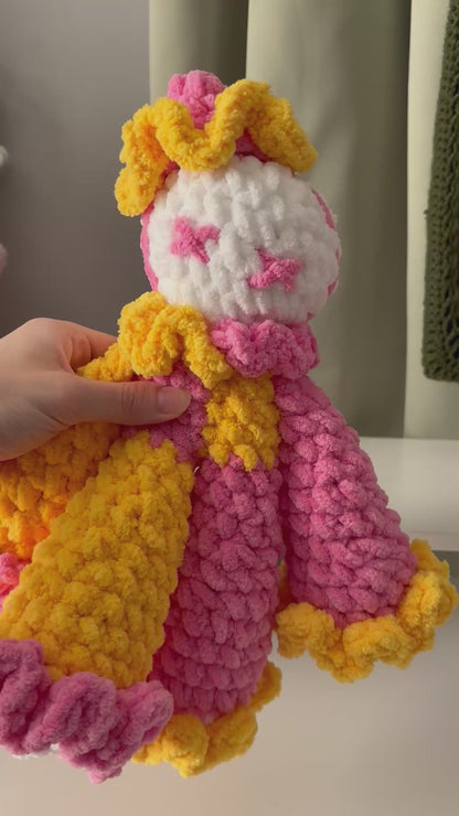 Handmade Crochet Jumbo Clown Plushie – Whimsical Amigurumi Clover the Clown in Pink and Yellow