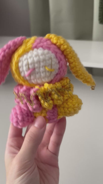 Handmade Crochet Jester Bunny Plushie – Amigurumi Clown Doll in Pink and Yellow