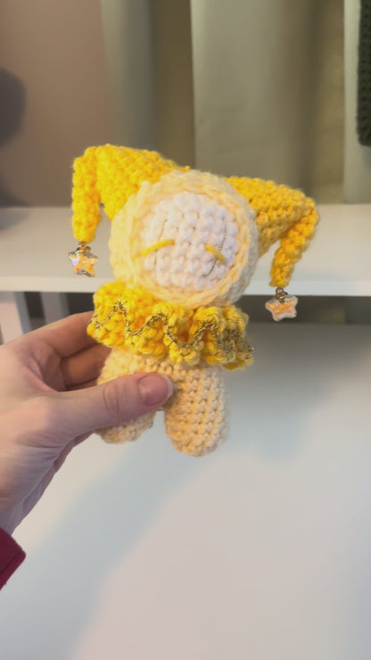 Handmade Crochet Jester Plushie – Whimsical Amigurumi Clown Doll in Yellow with Star Charms