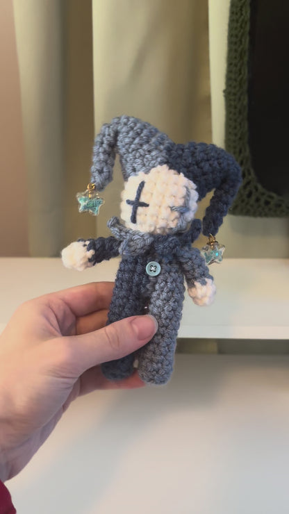 Handmade Crochet Mini Jester Plushie – Amigurumi Clown Doll in Blue