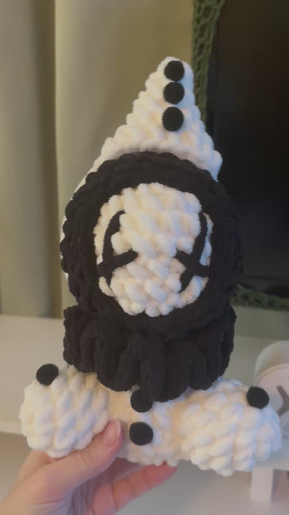 Handmade Crochet Sitting Pierrot Plushie – Whimsical Amigurumi in Black and White