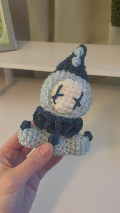 Handmade Crochet Sitting Pierrot Plushie – Whimsical Amigurumi in Blues