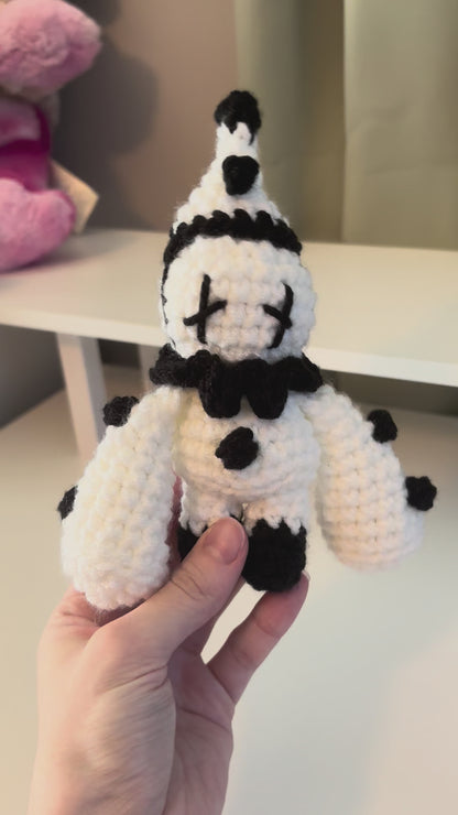 Handmade Crochet Pierrot Plushie – Whimsical Amigurumi in Black and White