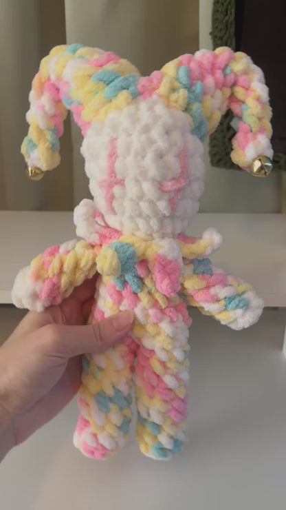 Handmade Crochet Mini Jester Plushie – Amigurumi Clown Doll in Pastel