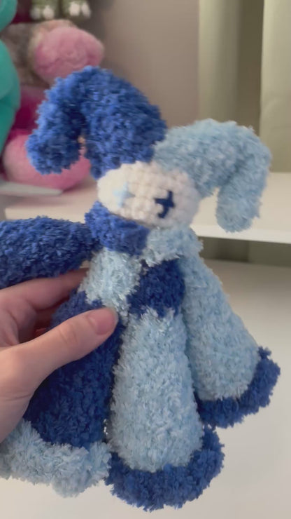 Handmade Crochet Fluffy Jester Plushie – Whimsical Amigurumi Jules the Jester in Blue