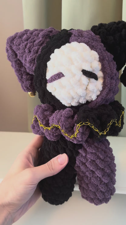 Handmade Crochet Jumbo Jester Plushie – Whimsical Amigurumi Clown Doll in Black and Purple